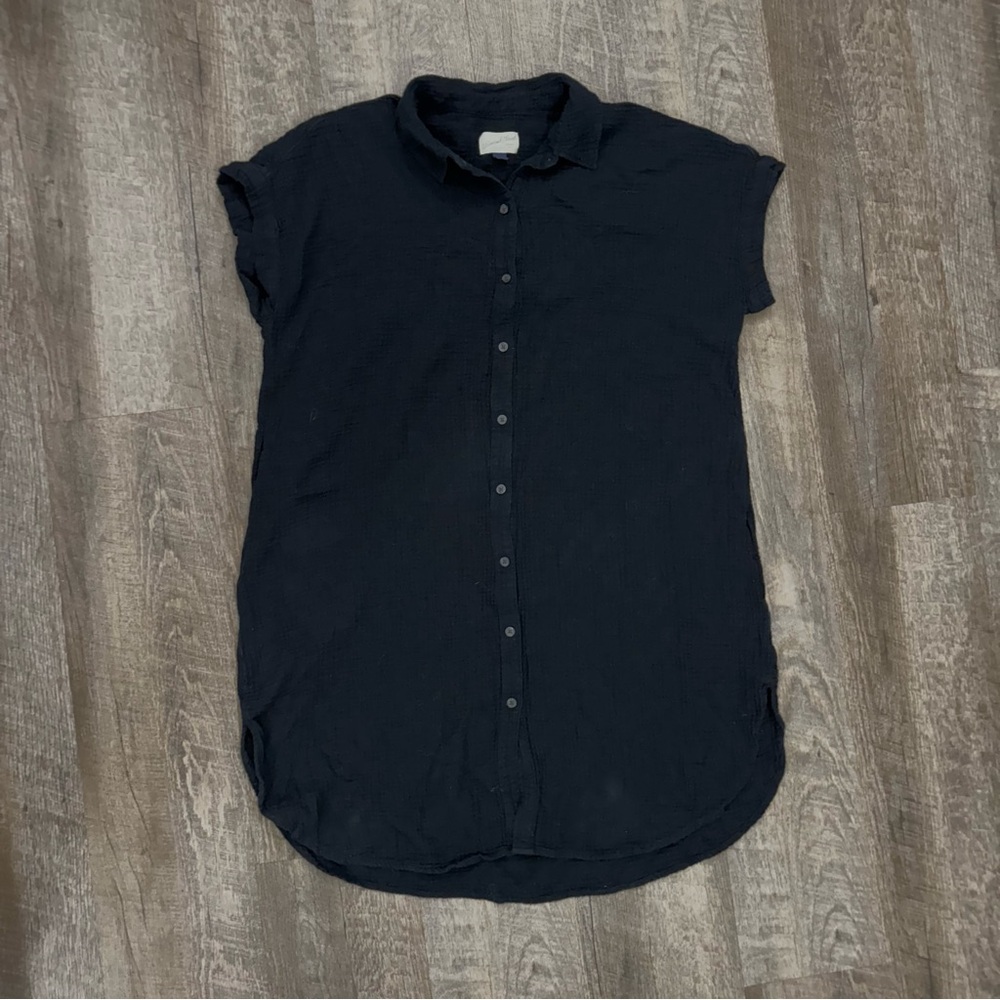 Comfy Cotton Summer Shirt Dress Pockets Black Sz Medium